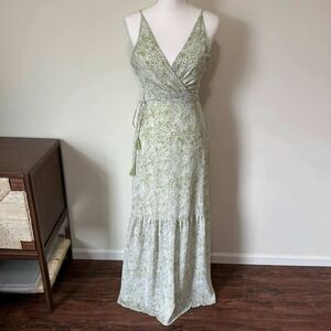 Aakaa Maxi Dress Wrap Green White Floral Print Tie Waist Tiered Skirt Size S